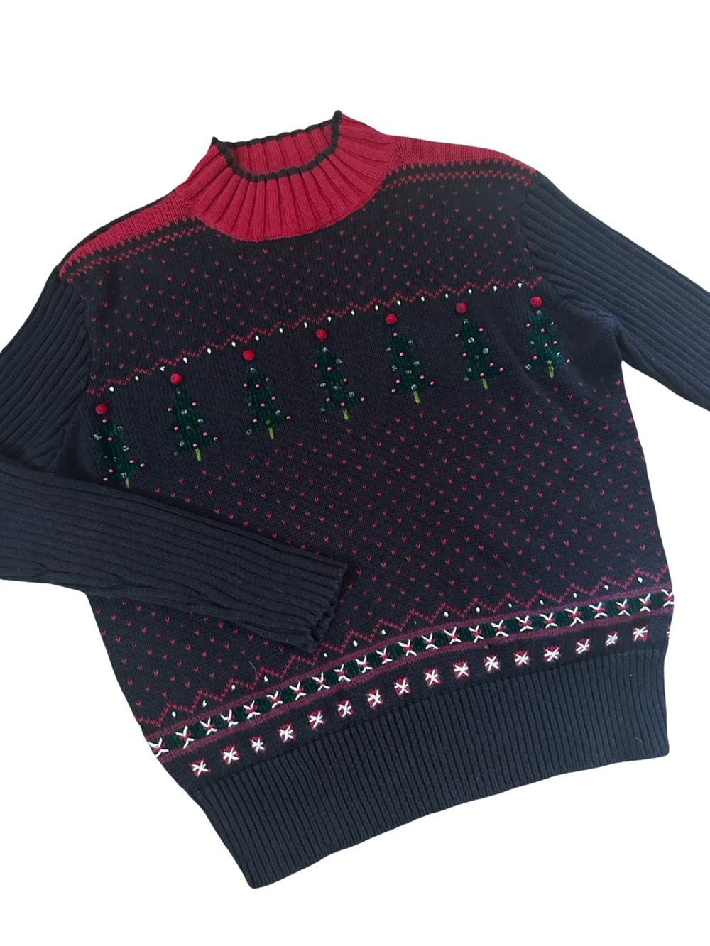 Vtg Christmas Tree Beaded Embroidered Sweater Villager Sport Liz Claiborne LP